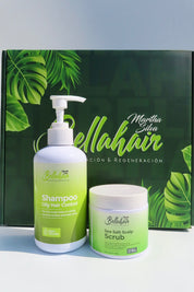 Bellahair shampoo and scrub with a branded box in the background