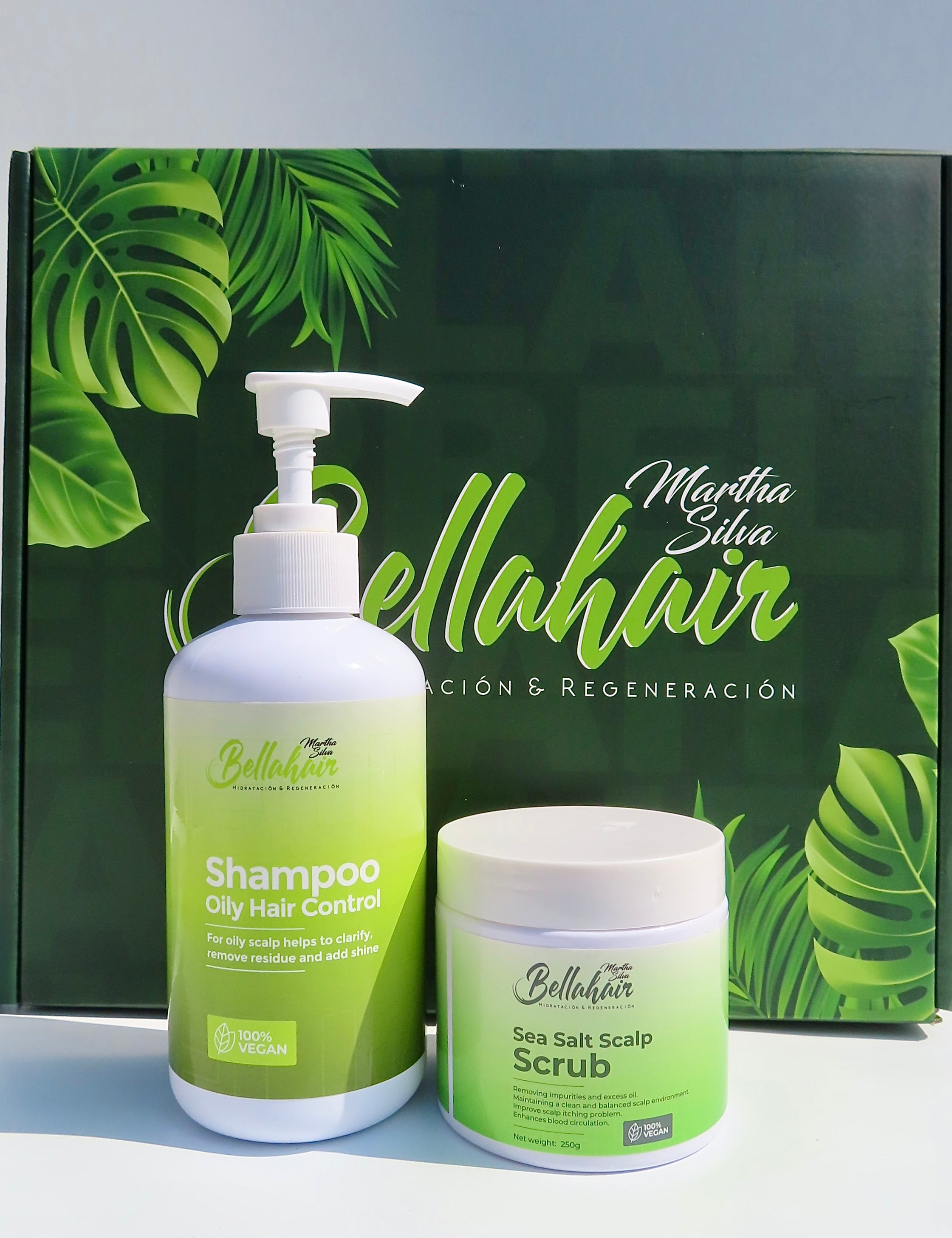 Bellahair shampoo and scrub with a branded box in the background