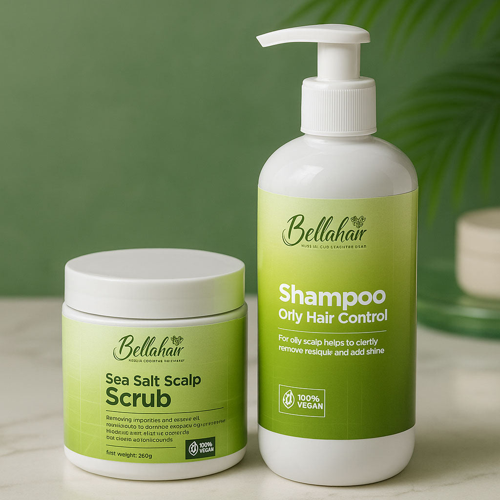 Bellahair shampoo and scrub set on a neutral background
